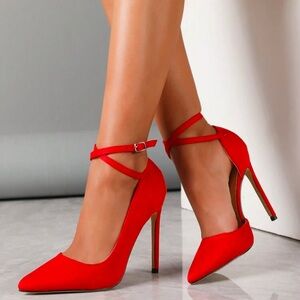 Women Suede Deer Skin Ribbon & Button Decor Stiletto High Heel Pumps, New Style